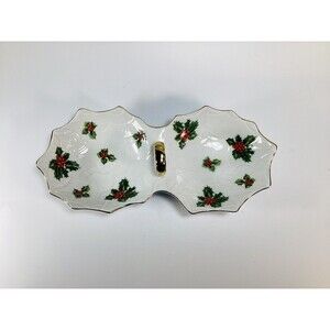 Lefton Porcelain Holly & Berries Divided Candy & Nut Dish Gold Handle #8192